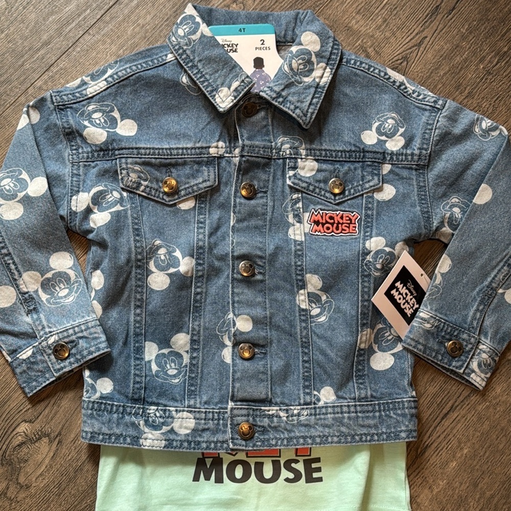 Disney Mickey Mouse AOP Denim Jacket with Shirt Brand New With Tags
